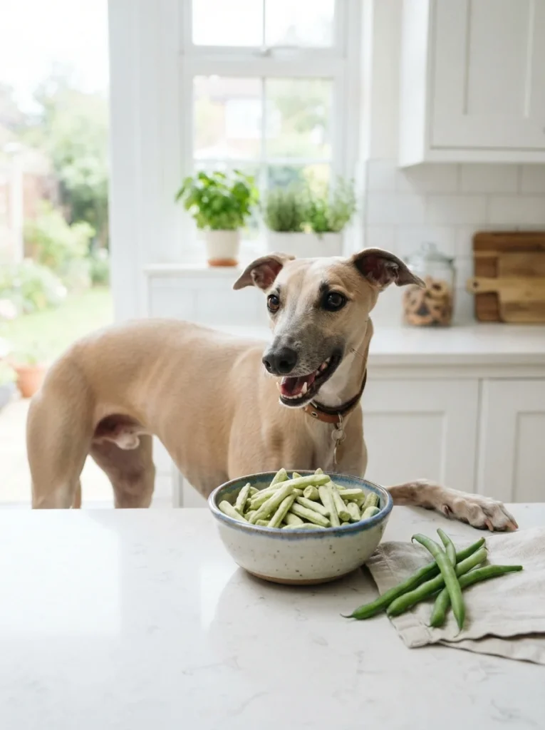 Freeze dried green beans served to a slim healthy dog