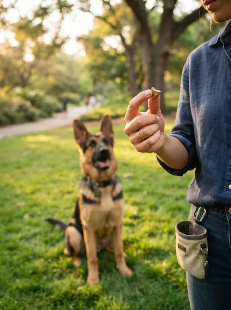 Owner giving a freeze dried reward during dog training