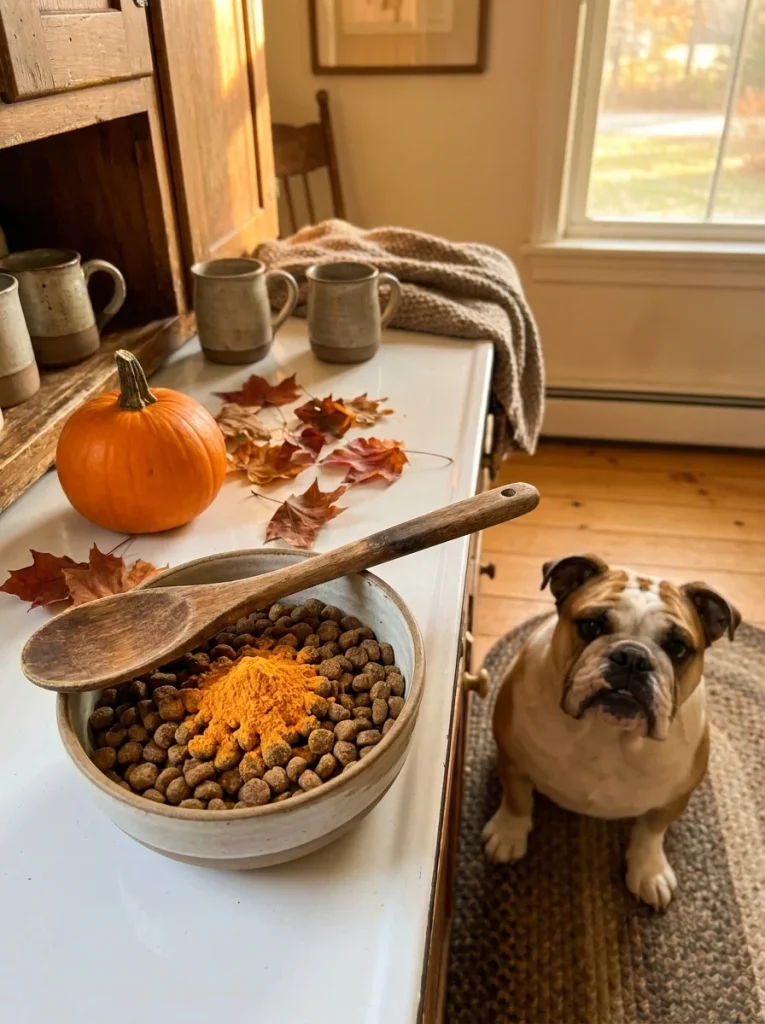 Freeze dried pumpkin powder spooned over dog food