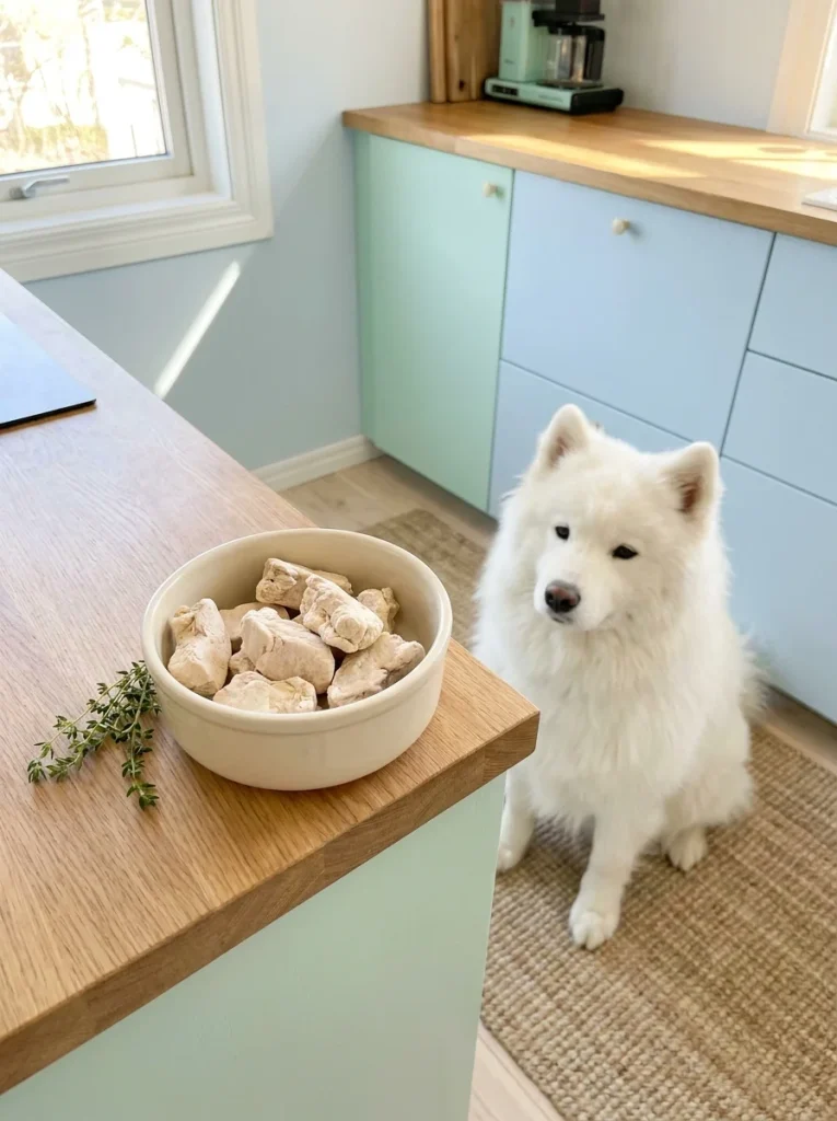 Light freeze dried rabbit pieces served to a sensitive dog