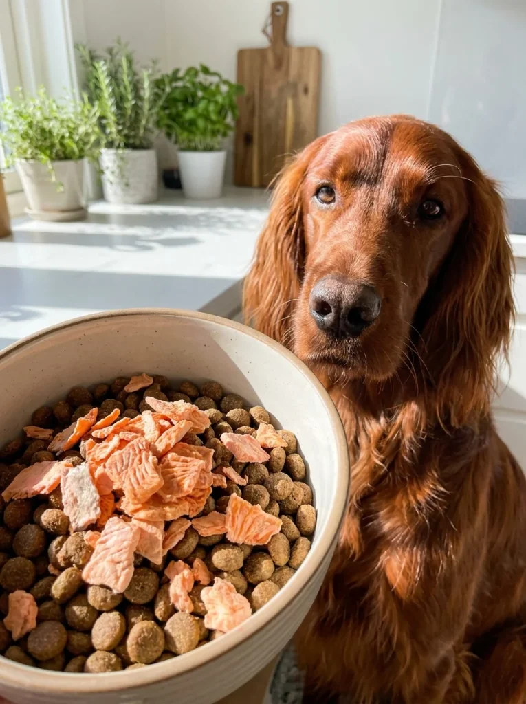 Pink freeze dried salmon flakes over dog food for a shiny coat