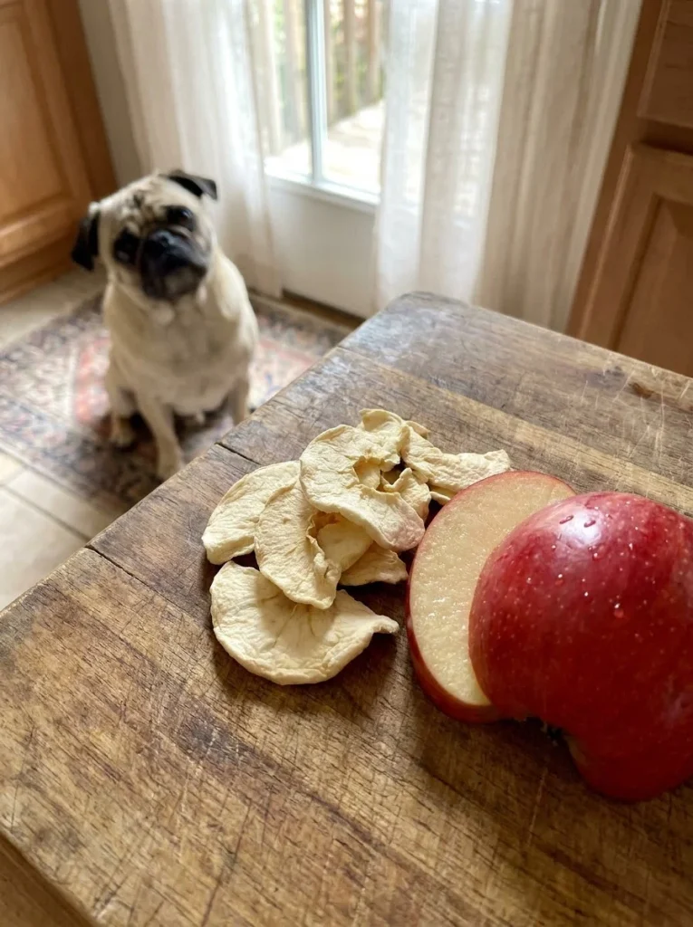 Seedless freeze dried apple slices in a dog bowl