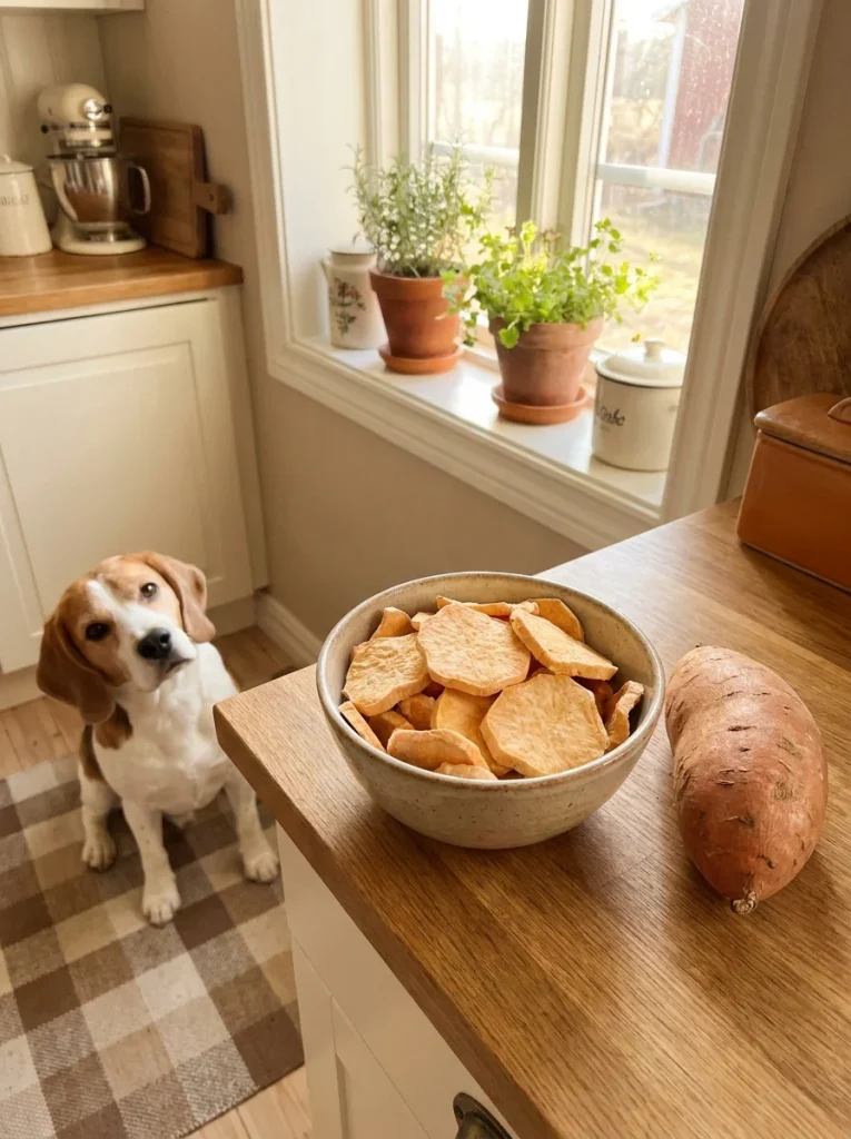 Crisp freeze dried sweet potato pieces next to a dog bowl