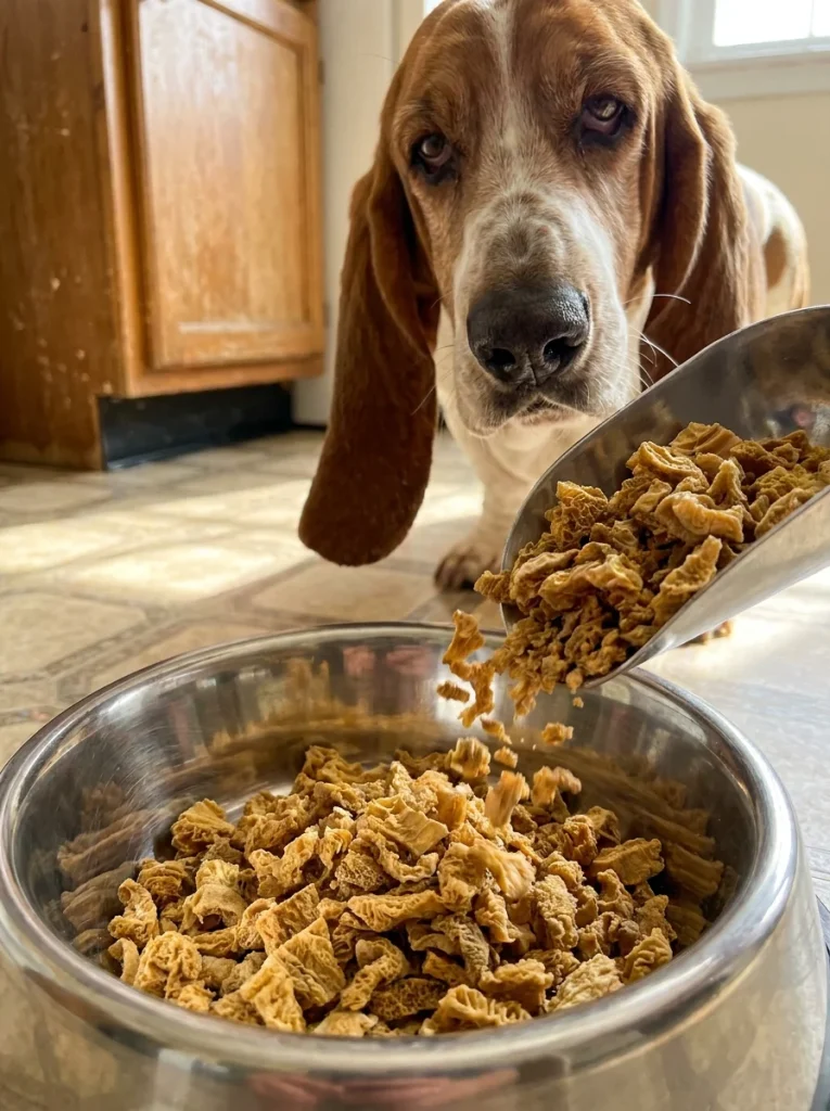 Freeze dried tripe crumbles added to a dog's bowl