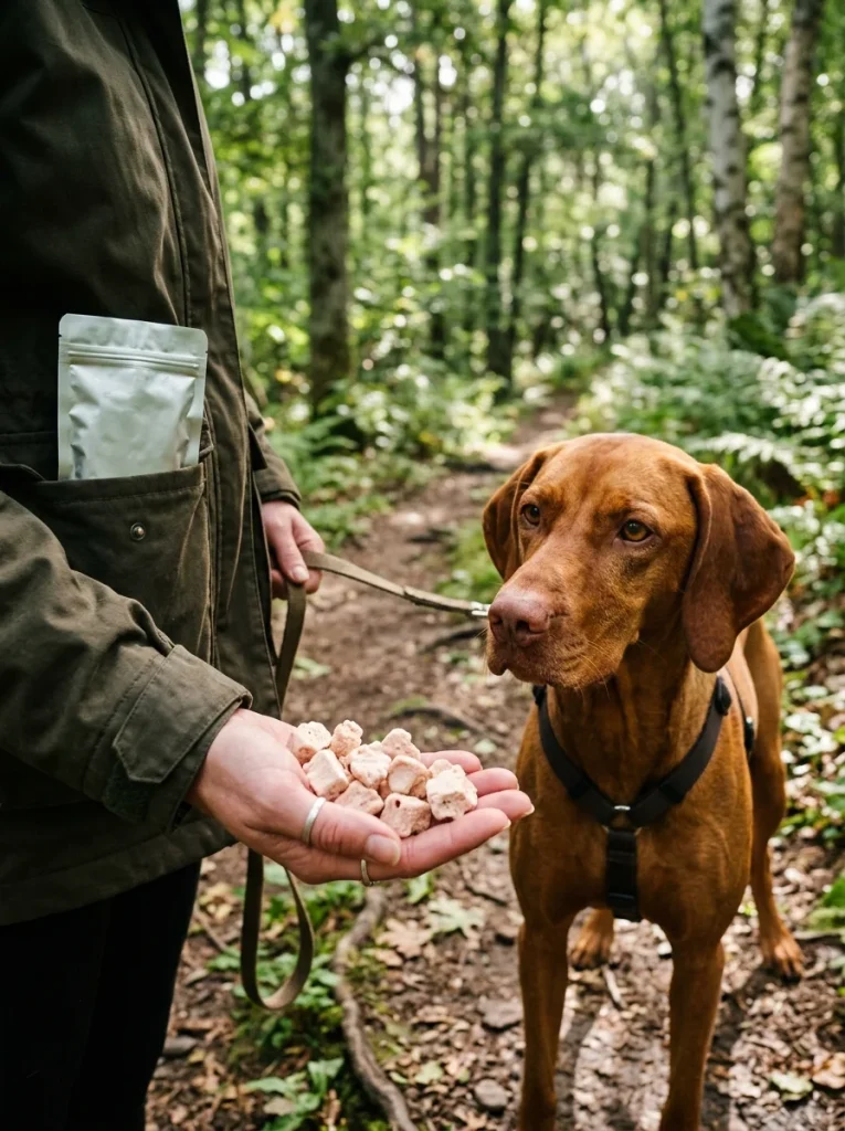 Open palm of light freeze-dried tuna pieces offered to a dog on a hiking trail