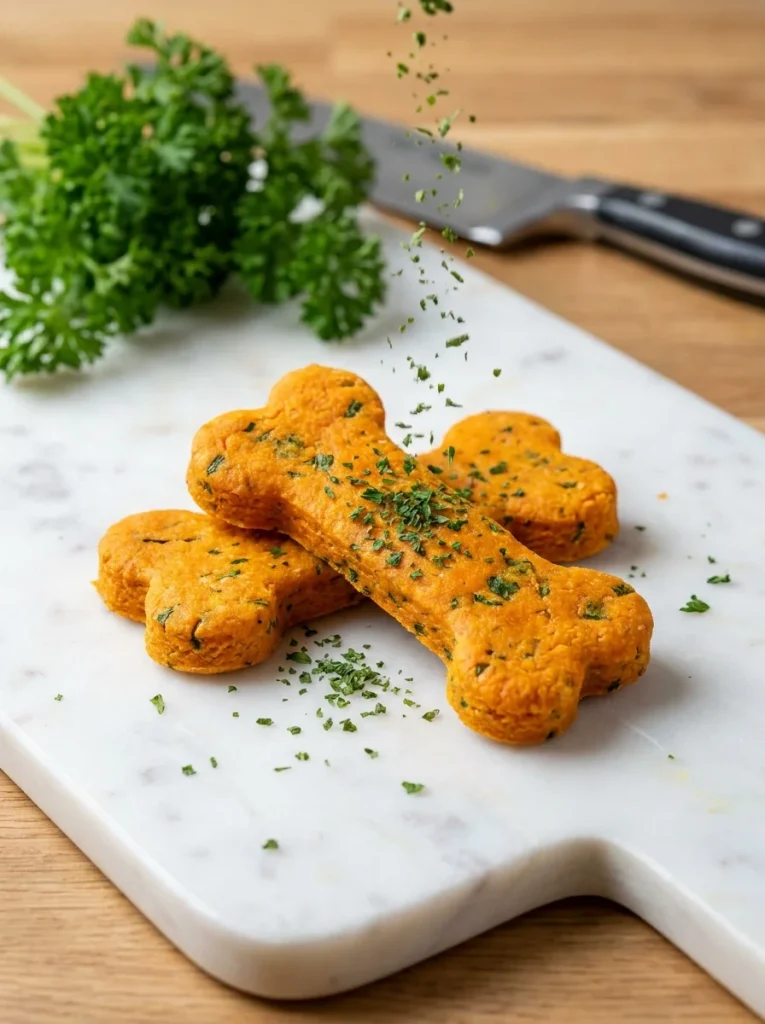 Parsley flecked carrot and sweet potato chews for dogs for fresher breath on a marble board
