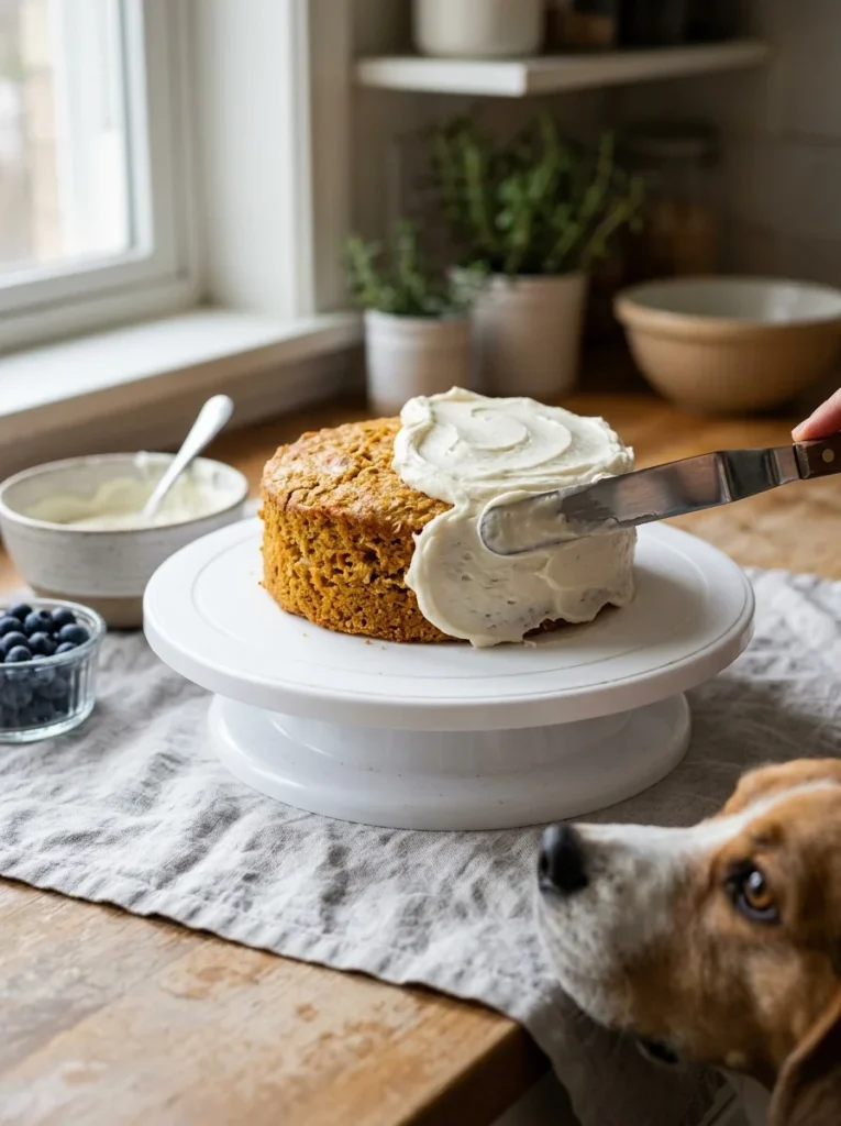 Greek yogurt frosting spread on a small dog birthday cake with a palette knife