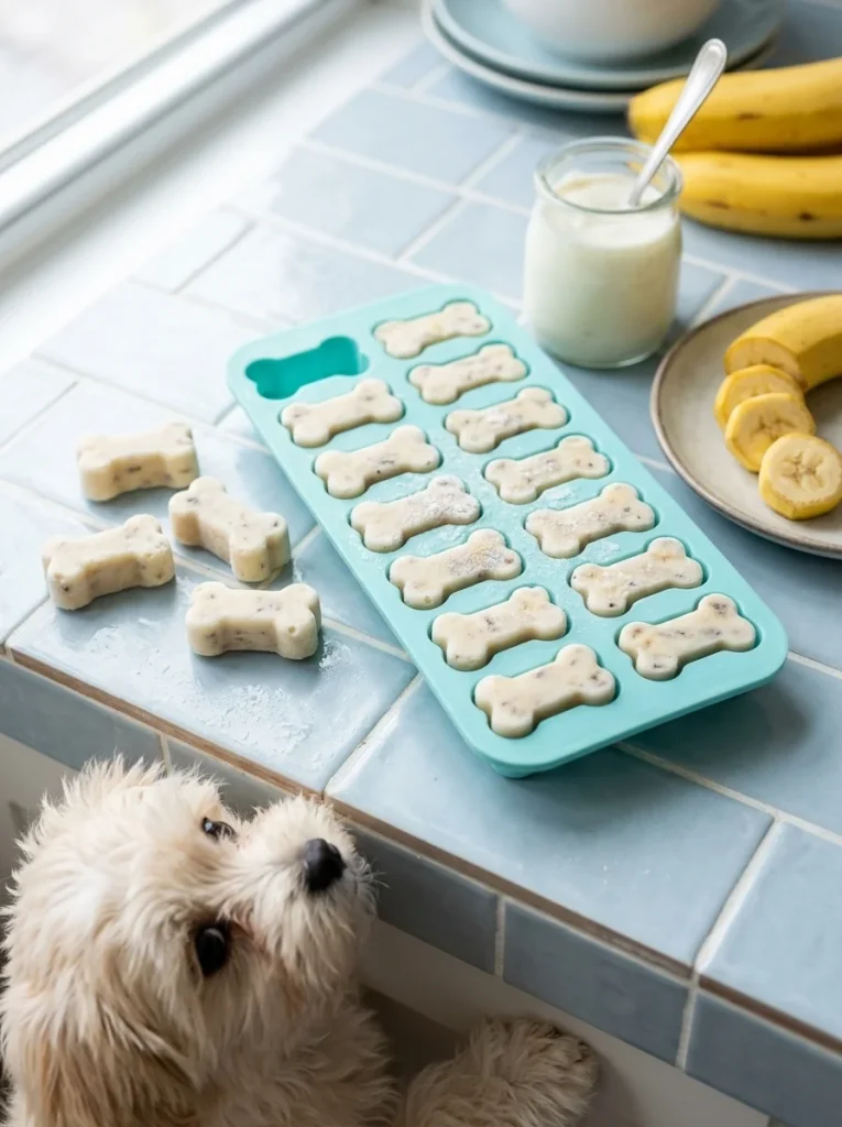 Frozen banana bites, dog treats without flour, in a bone-shaped tray