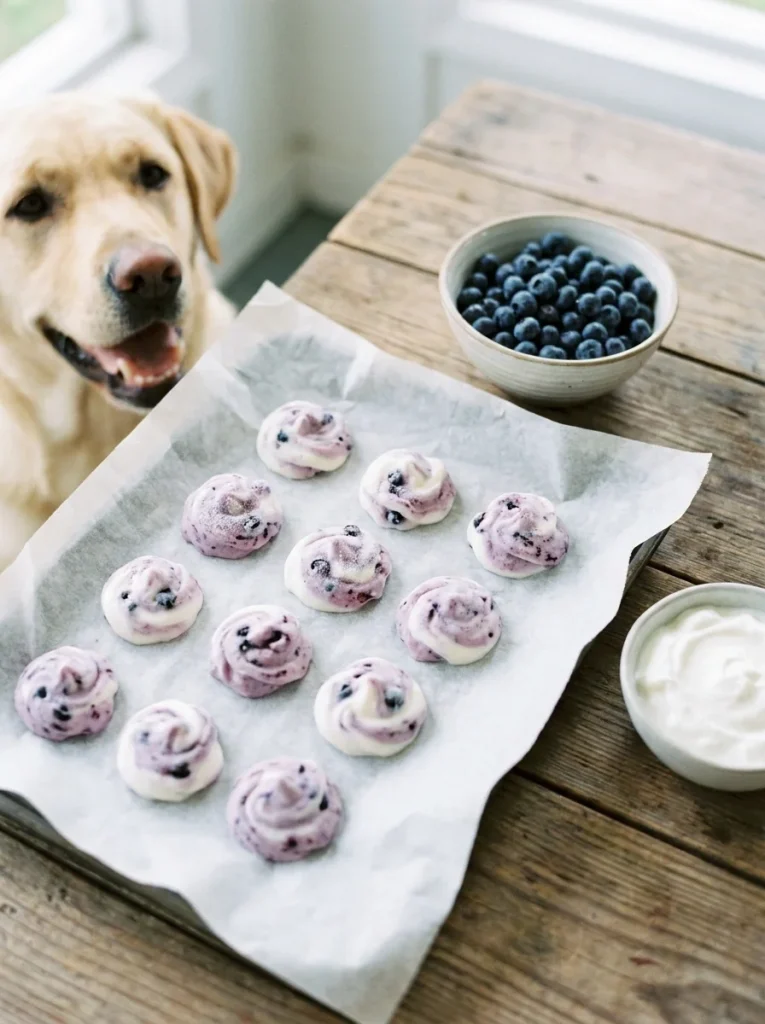 Frozen blueberry yogurt drops for dogs on parchment paper