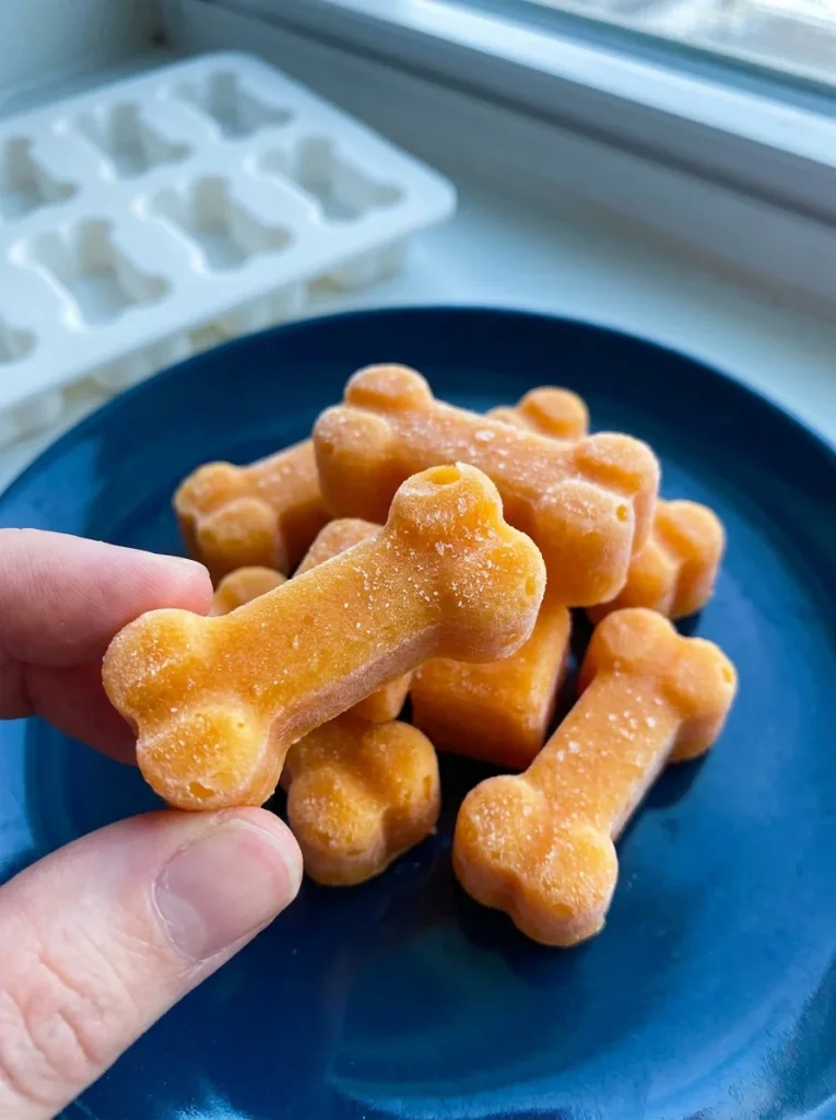 Frozen carrot and sweet potato chews for dogs stacked on a chilled ceramic plate