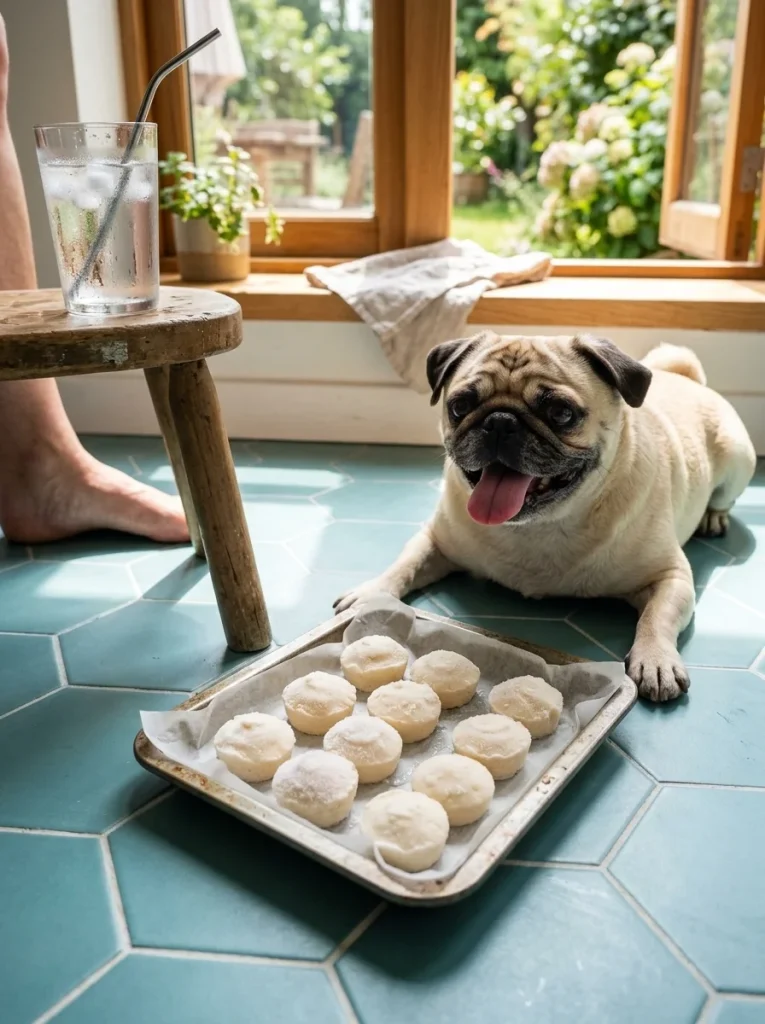 Frozen cream cheese frosting bites on a tray next to a panting pug