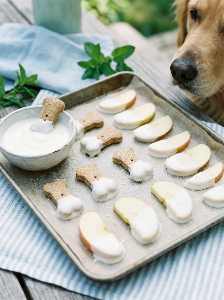 Frozen yogurt-dipped dog biscuits on a chilled tray