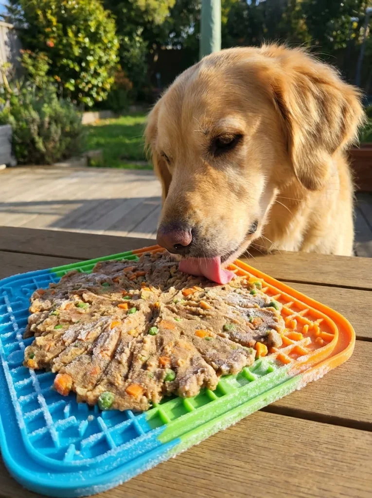 Dog licking a frozen lick mat spread with freeze dried topper