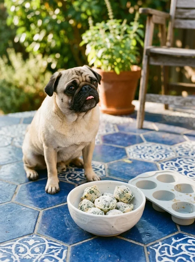 Frozen bites from Spinach & Egg Mini Muffins for Dogs served to a pug on a summer patio