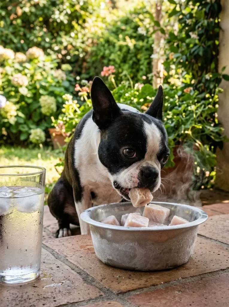 Boston terrier crunching frozen tuna cubes from a bowl on a cool tile porch