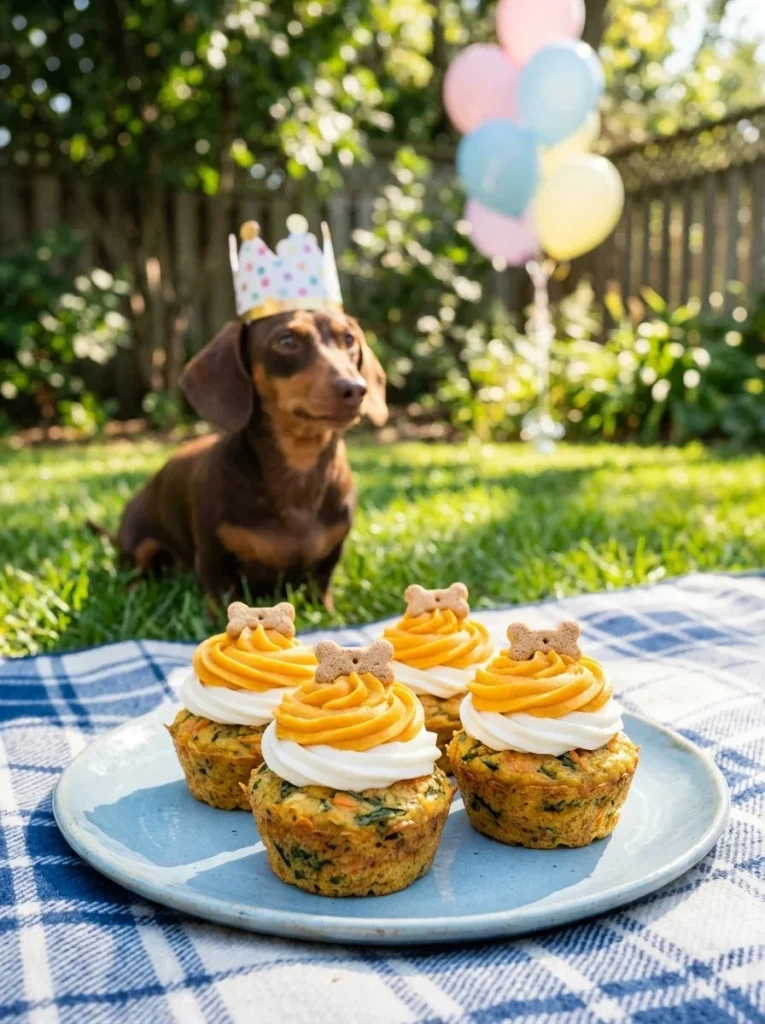 Yogurt-topped pupcakes made from Spinach & Egg Mini Muffins for Dogs with a dachshund