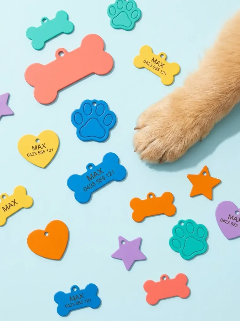 Fun bone and paw shaped dog tags for dogs