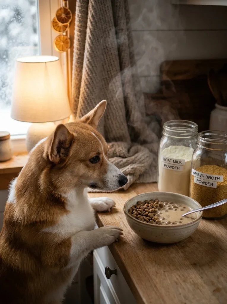 Goat milk and bone broth powder stirred into a dog's bowl