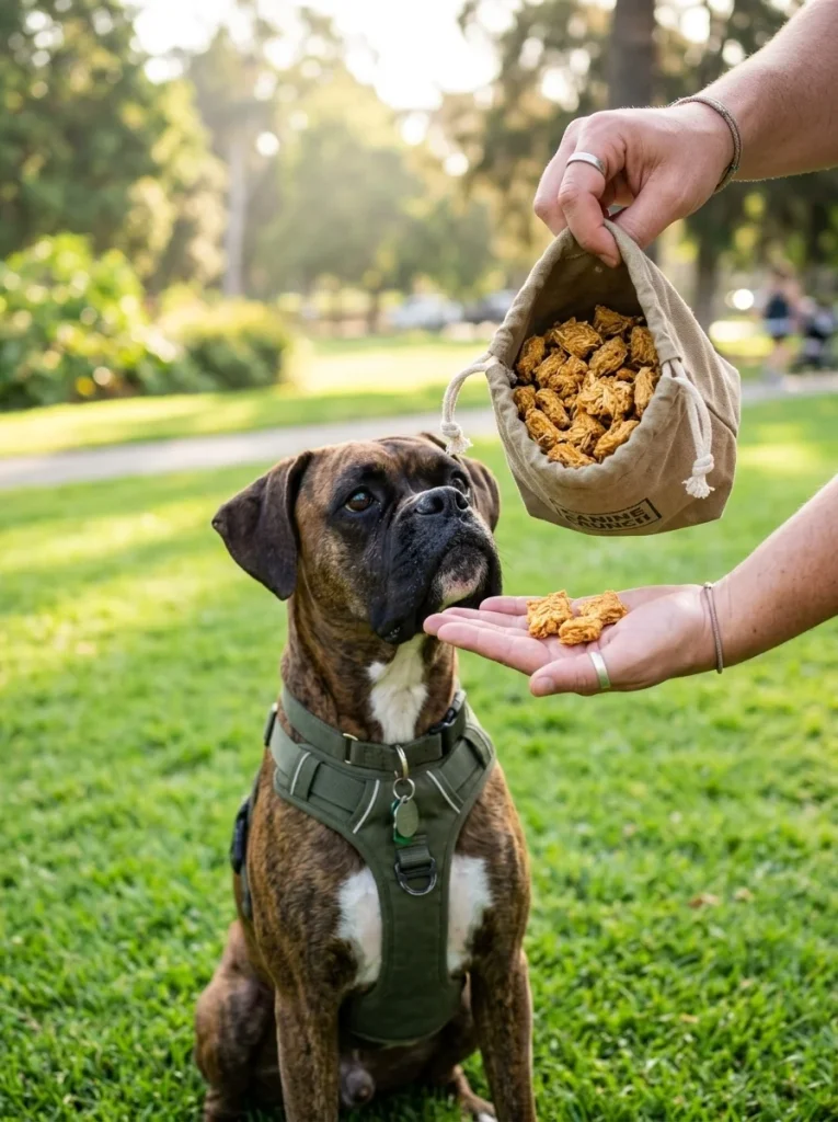 Golden chicken and egg crunchy dog treats in a canvas training pouch
