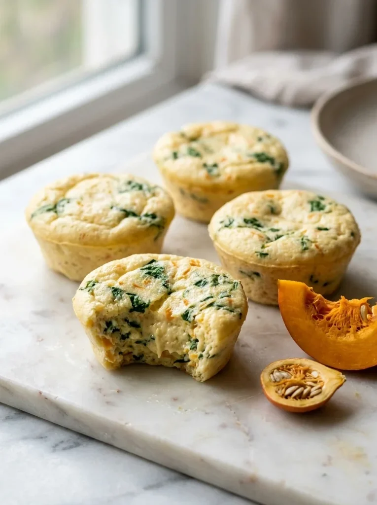 Grain-free flourless spinach and egg cups on a marble board with a pumpkin slice