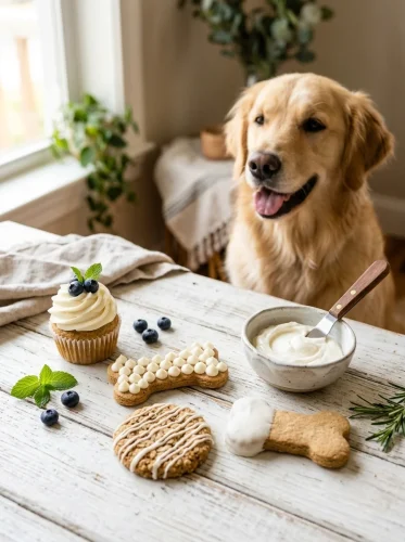 Greek yogurt dog frosting recipe on decorated dog treats
