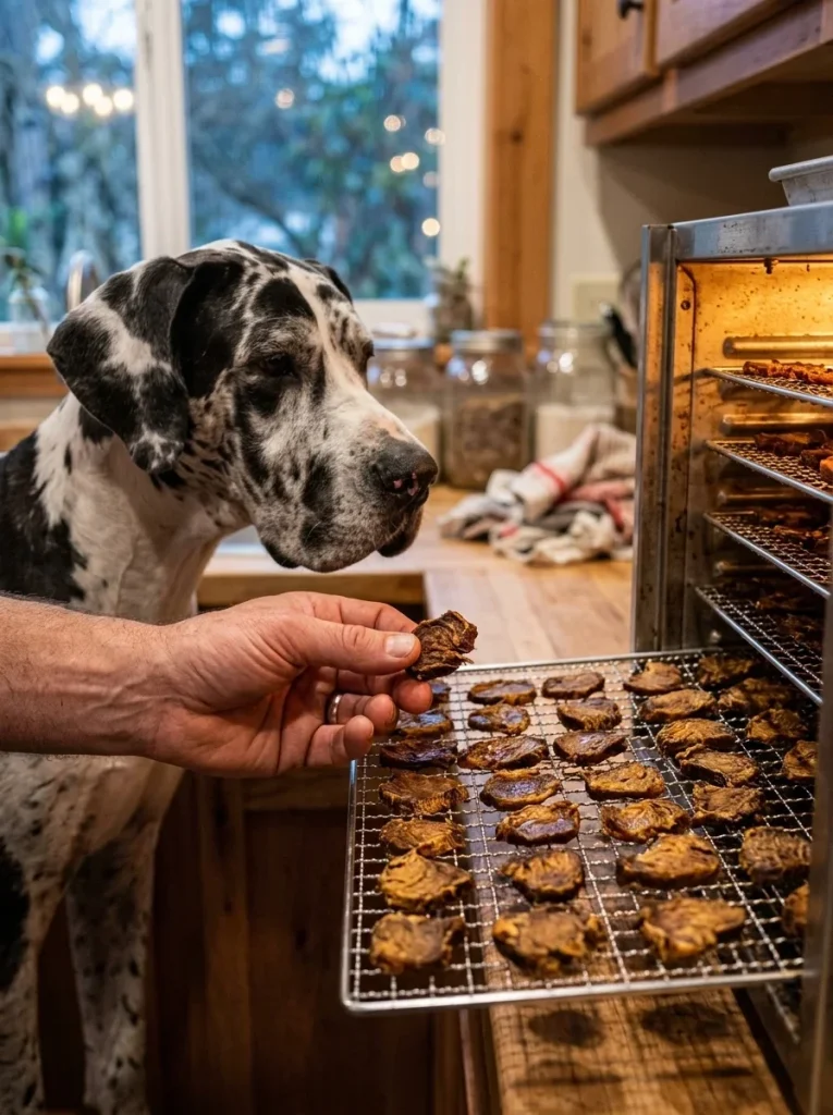 Hand testing dehydrated tuna jerky bites while a Great Dane peeks over the counter