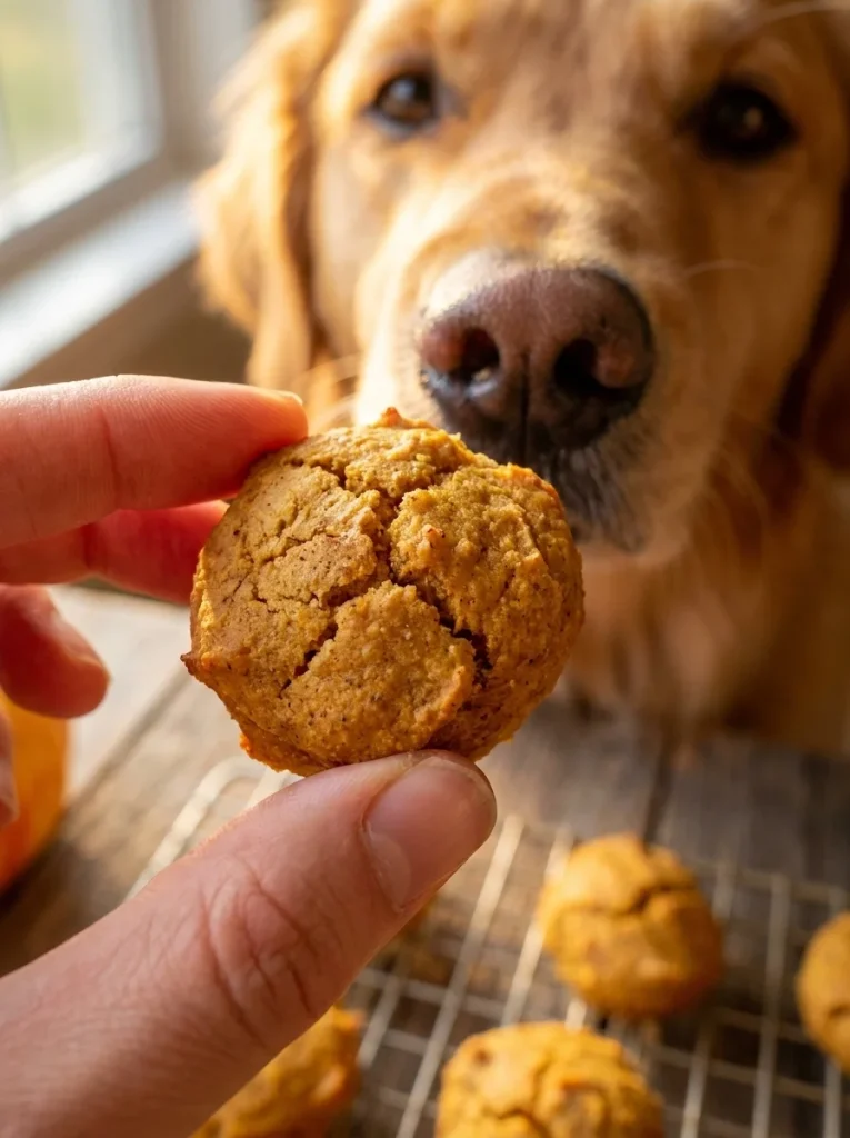 Hand holding a pumpkin peanut butter bite for a golden retriever