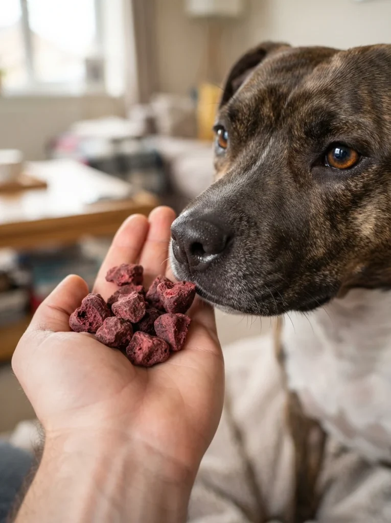 Chewy heart pieces held in a hand for a dog