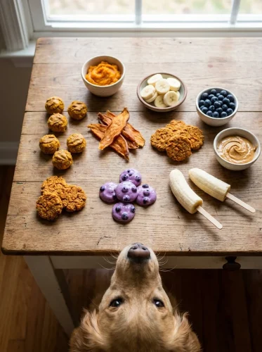 Assortment of homemade dog treats without flour on a rustic wooden table