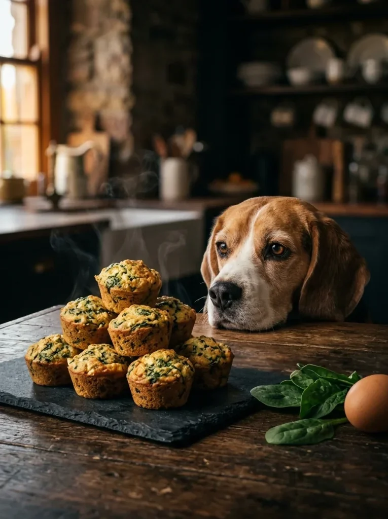 Spinach & Egg Mini Muffins for Dogs stacked on a slate board with a curious beagle