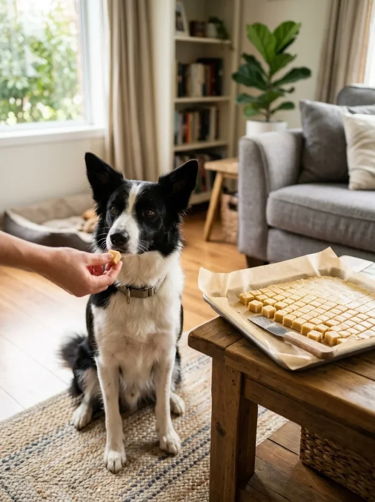 Border collie sitting for a homemade tuna fudge dog treats training reward