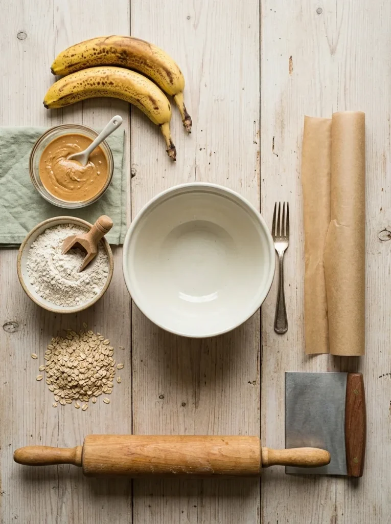 Ripe bananas, peanut butter and oat flour laid out for homemade dog chew sticks