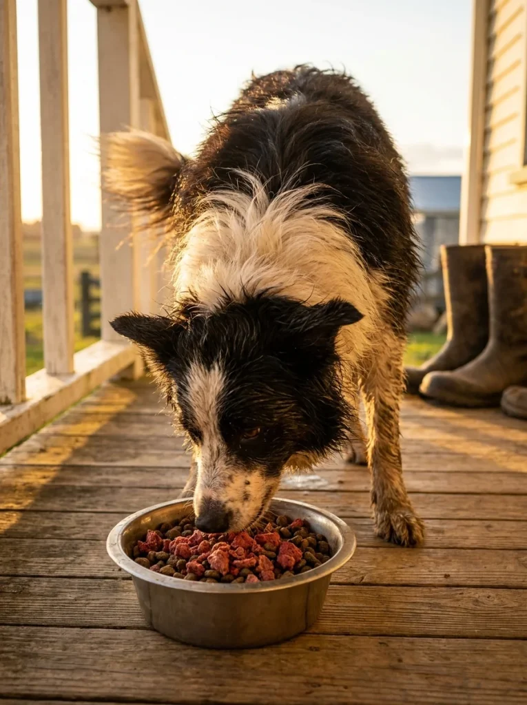 Lamb topper being stirred into a bowl for an energetic dog
