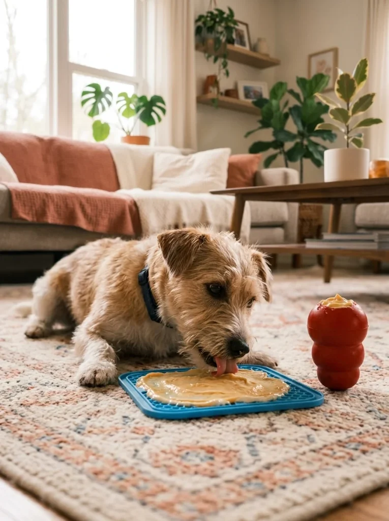 Lick mat spread with creamy frosting filling for dog enrichment