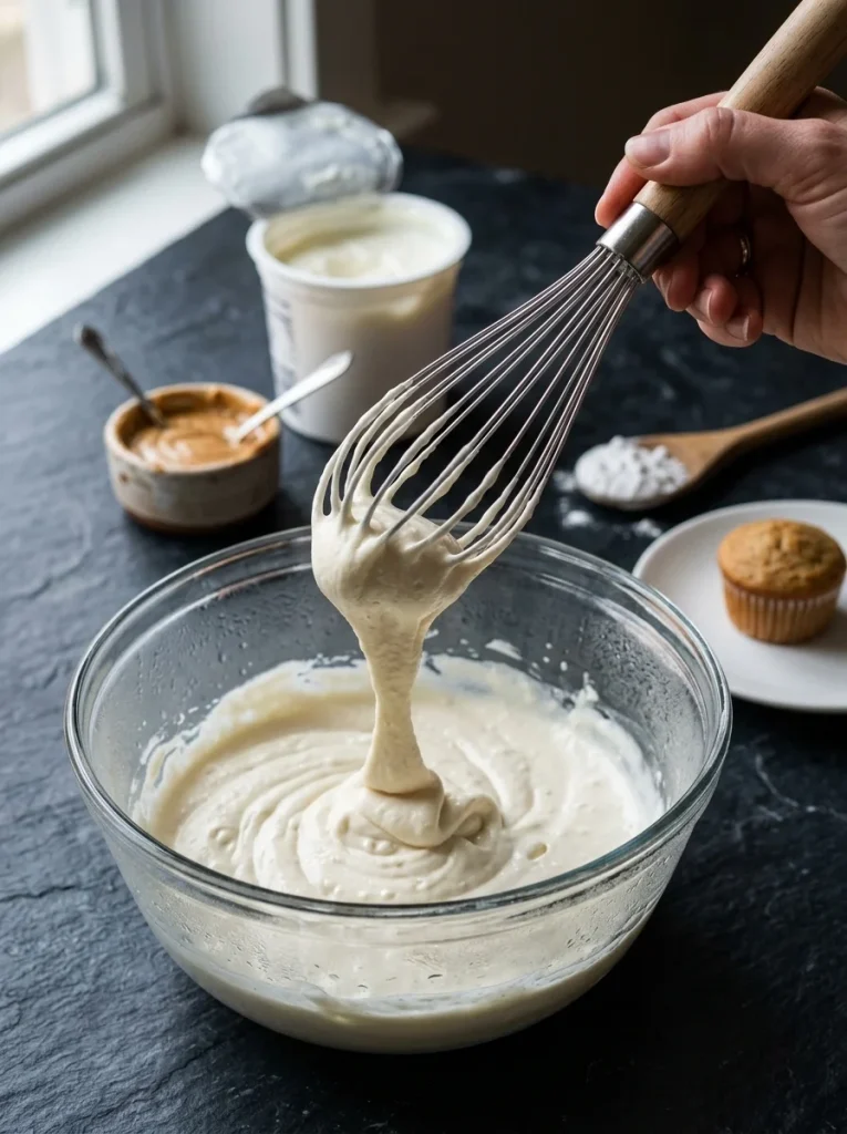 Easy greek yogurt dog frosting recipe being whisked in a glass bowl