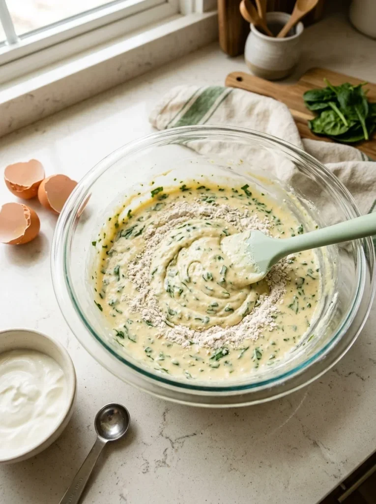 Whisking egg and spinach batter in a glass bowl for dog-friendly mini muffins