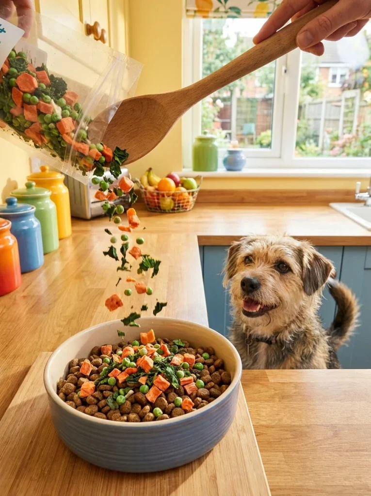 Colorful mixed veggie blend served on dog kibble