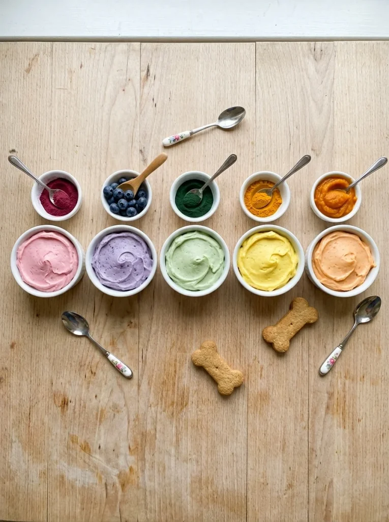 Natural-dye frosting in pink, purple, green and yellow for a dog party