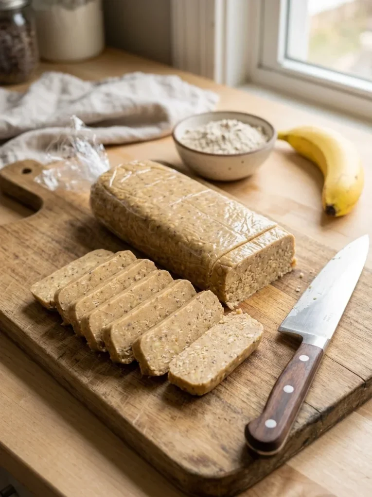 Sliced no-bake banana and peanut butter log sticks for dogs on a cutting board