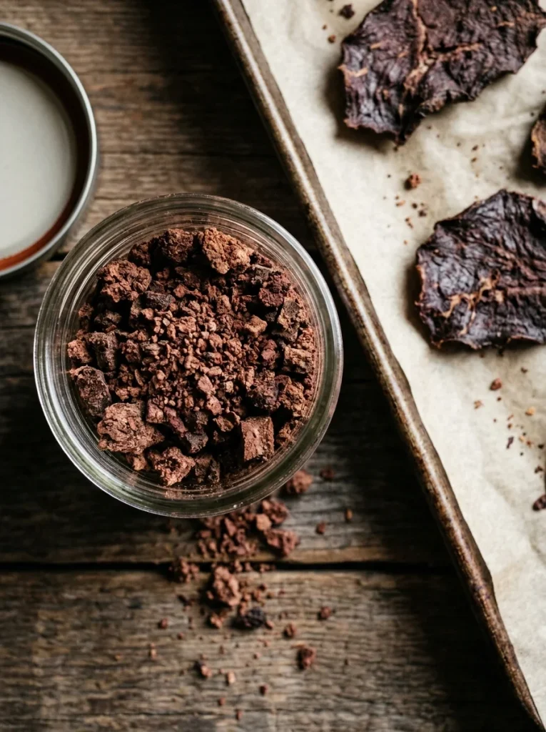 Dehydrated beef liver crumbles on baking tray