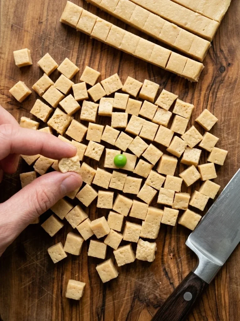 Pea-sized homemade tuna fudge dog treats cubes diced on a wooden board