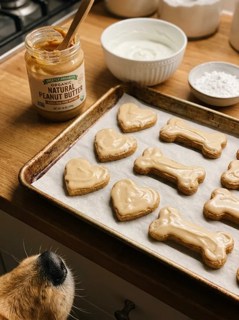 Creamy peanut butter yogurt icing on a tray of dog treats