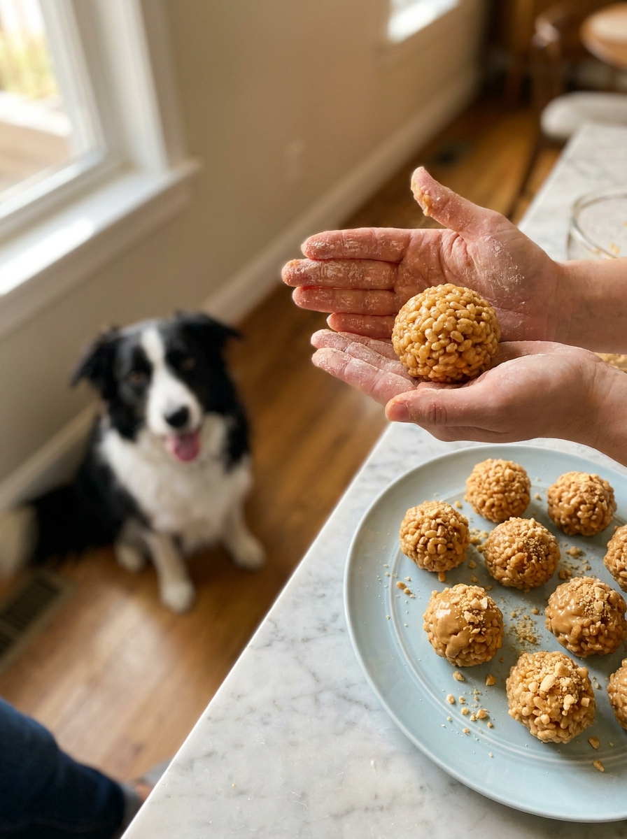 No-bake energy bite rice krispie treats rolled in hands for dogs