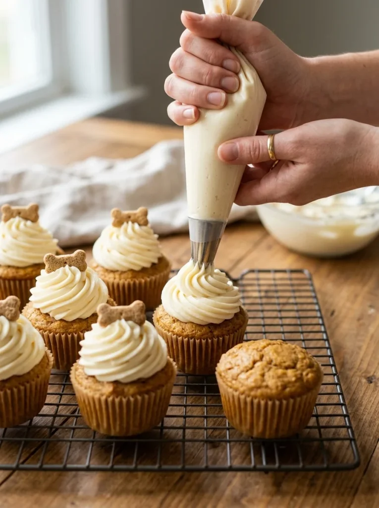 Piping bag swirling thick frosting onto dog pupcakes