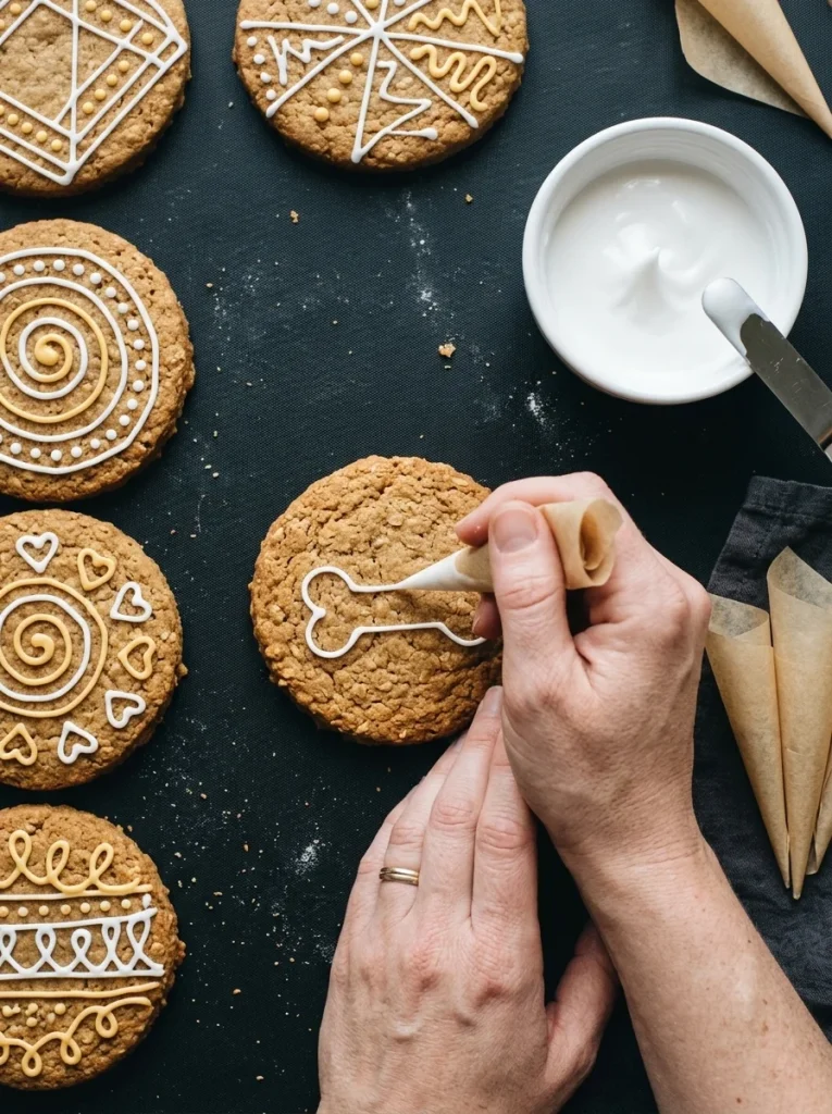 Piping stiff yogurt frosting bone outlines onto a dog cookie