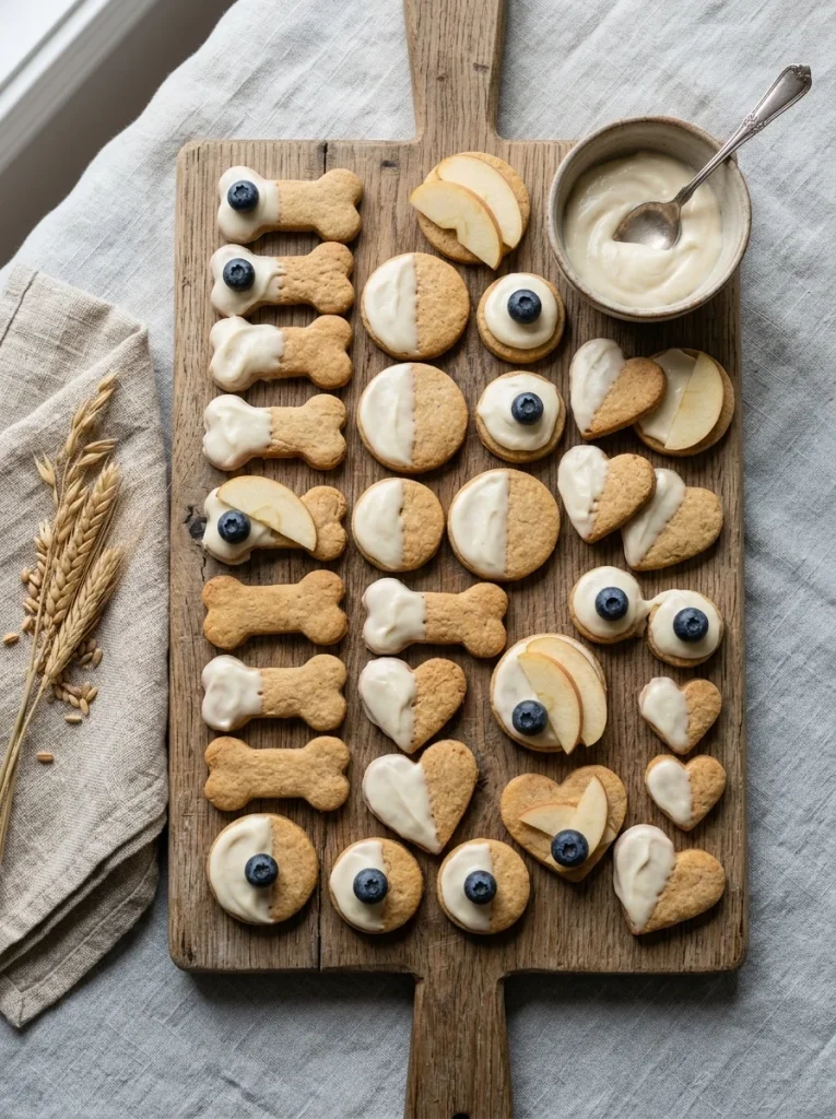 Plain dog biscuits and cookies half-dipped in creamy frosting