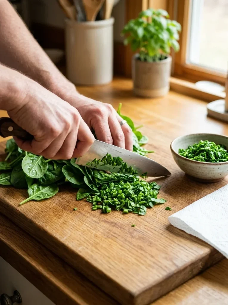 Chopping fresh baby spinach into tiny pieces for homemade dog muffins