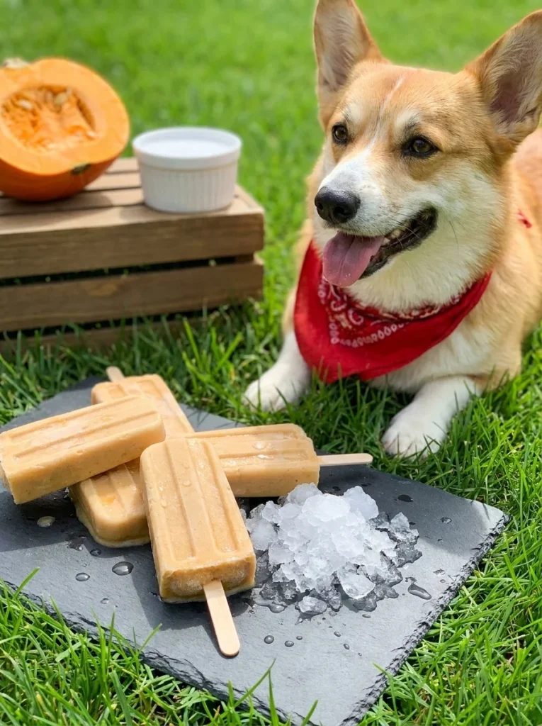 Frozen pumpkin coconut pupsicles for dogs served outdoors on grass