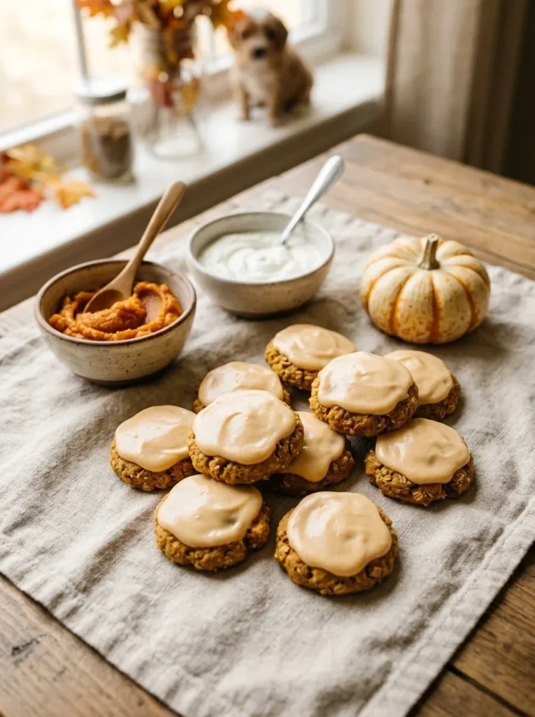 Pale orange pumpkin yogurt icing spread on cooled dog cookies