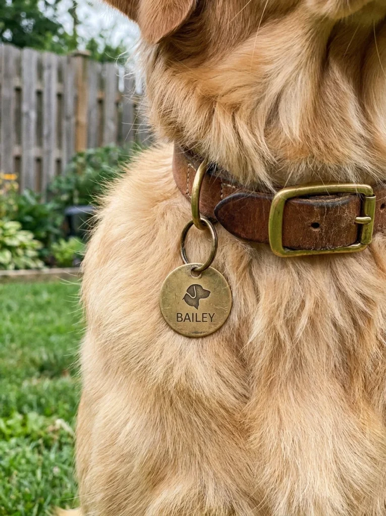 Purebred dog wearing breed silhouette tag